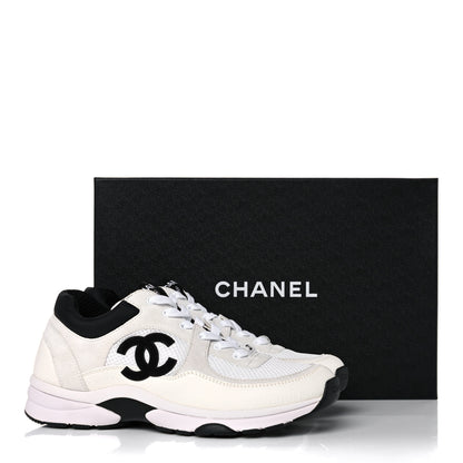 Chanel Mesh Suede Calfskin Grained Calfskin Womens CC Sneakers 39 White Black 8 of 8