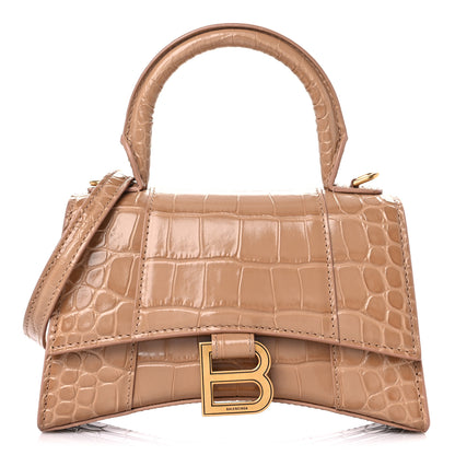 Balenciaga Shiny Calfskin Crocodile Embossed Hourglass Top Handle Bag XS Nude Beige 1 of 15