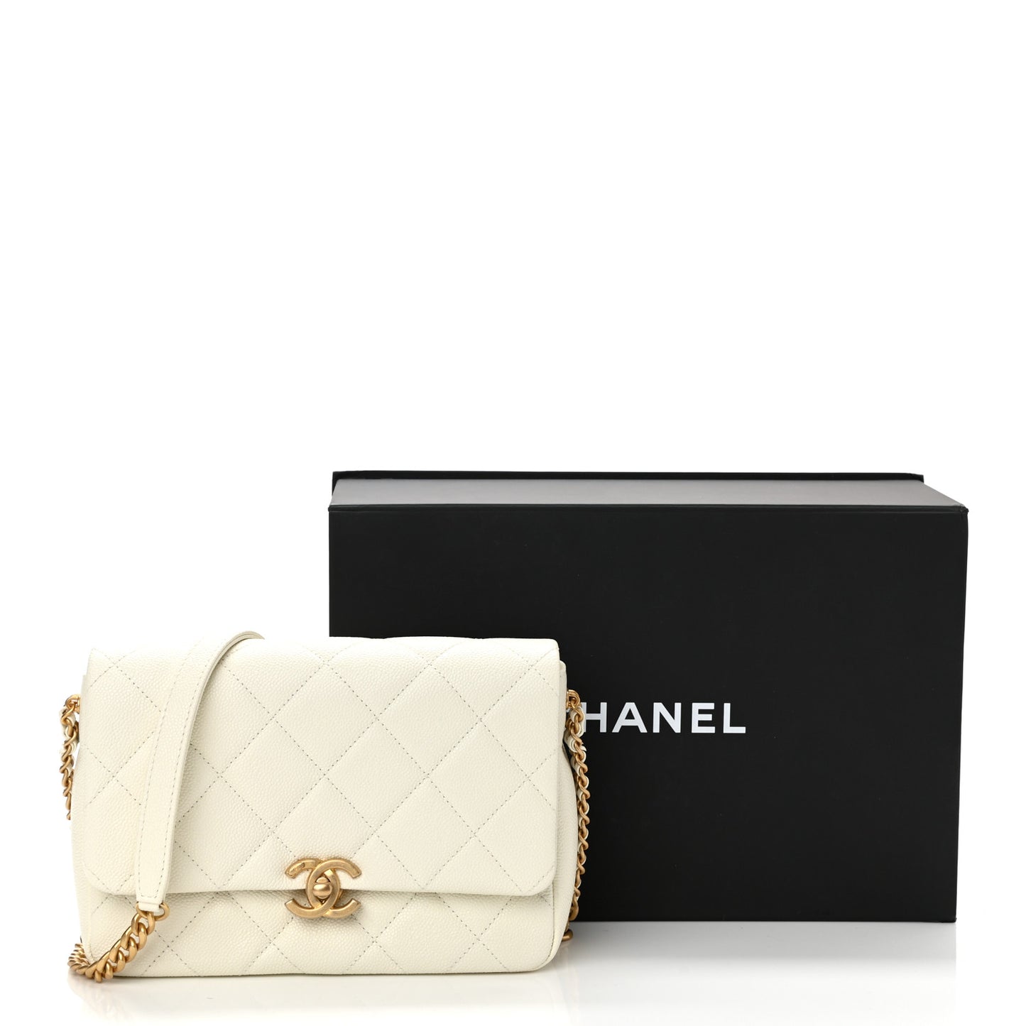 Shiny Caviar Quilted Small Chain Melody Flap White