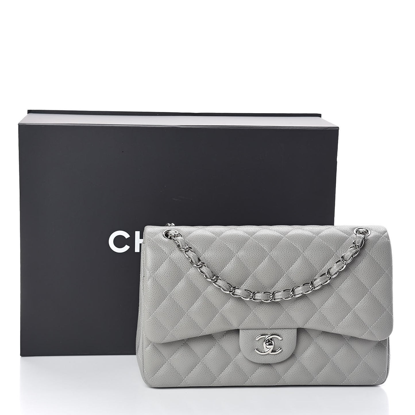 Caviar Quilted Jumbo Double Flap Light Grey