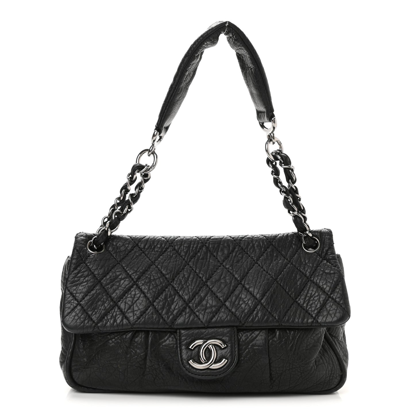 Distressed Lambskin Lady Braid Flap Black