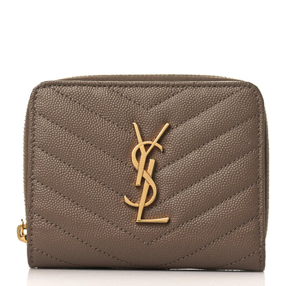 Saint Laurent Grain De Poudre Matelasse Chevron Monogram Compact Bi-Fold Wallet Taupe 1 of 7