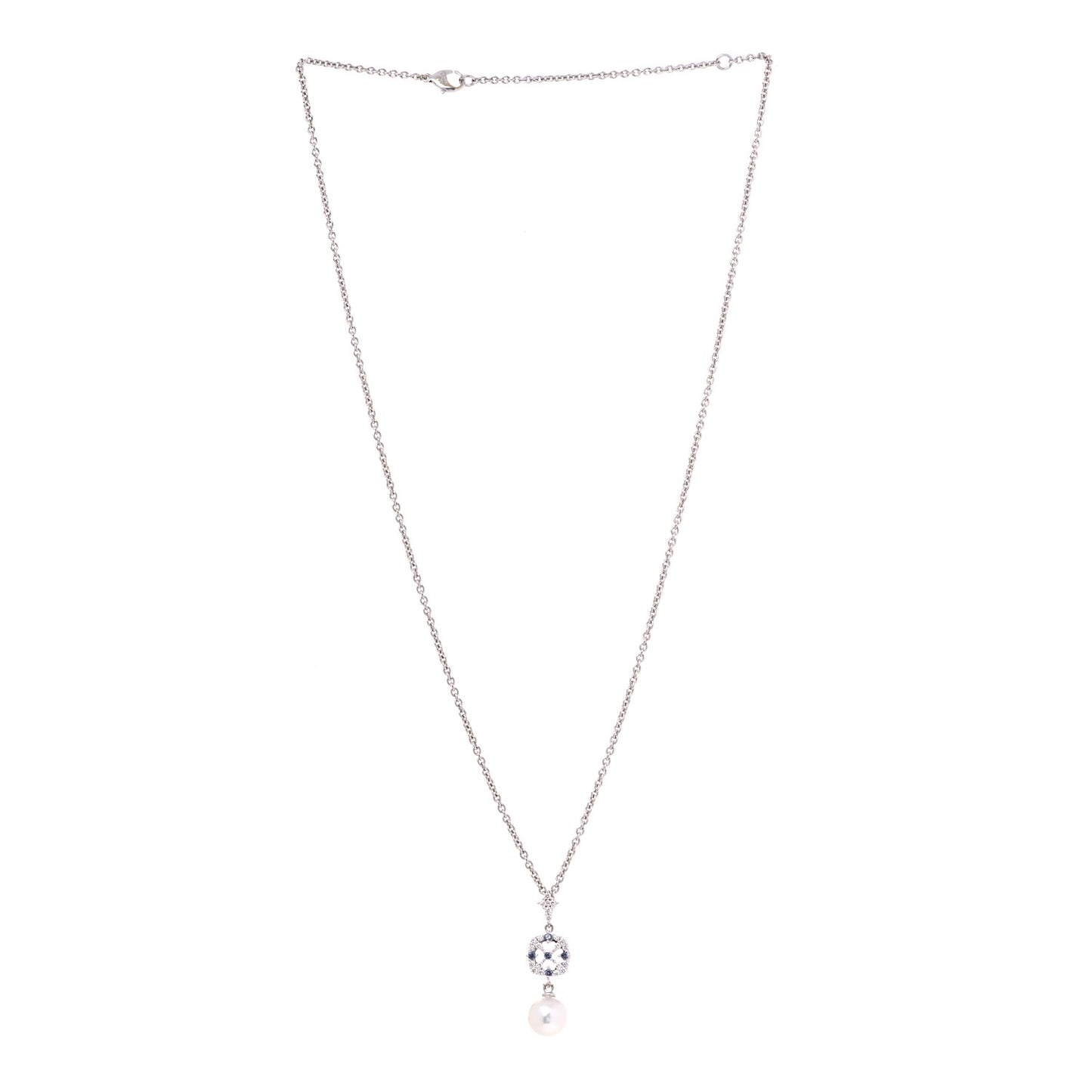 18K White Gold Diamond Blue Sapphire Akoya Pearl 8mm Drop Pendant Necklace