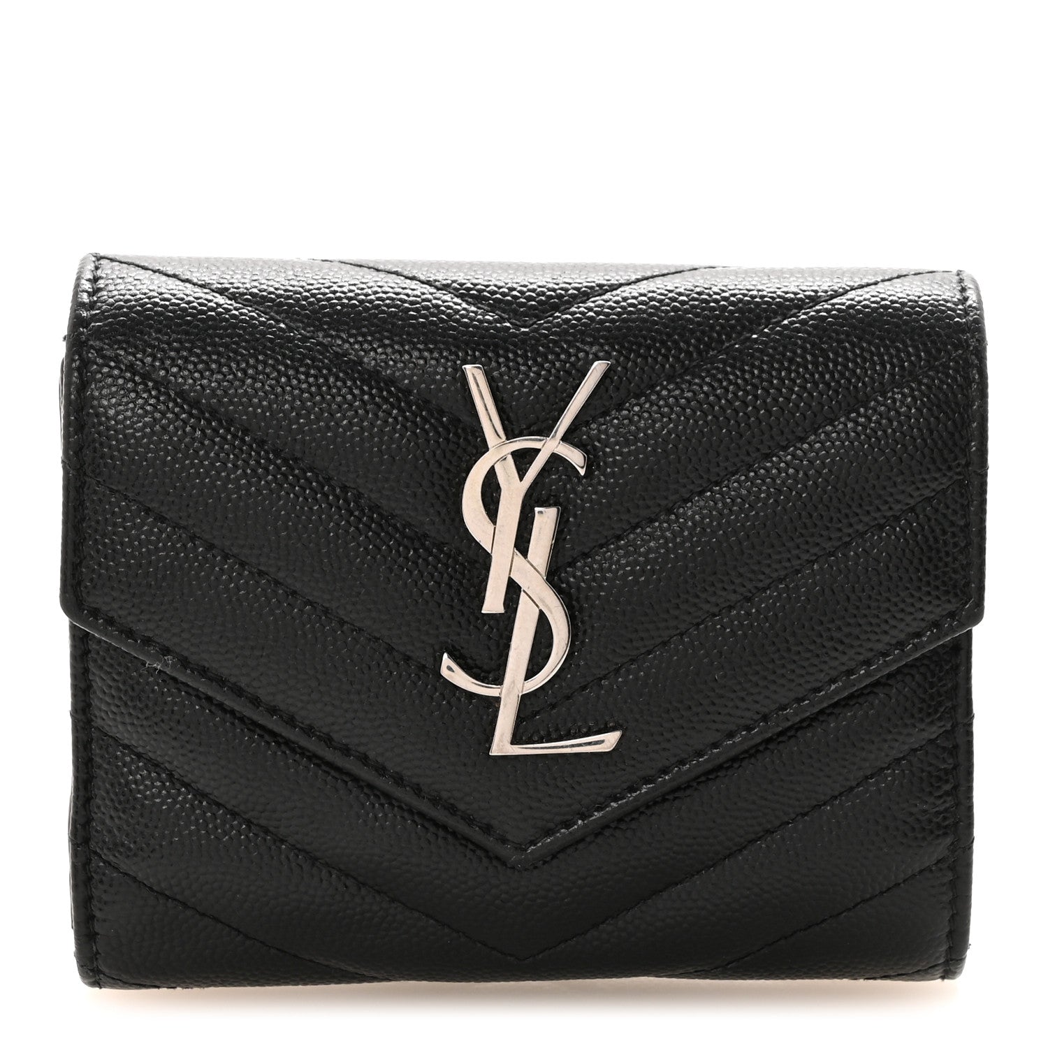 Saint Laurent Grain De Poudre Matelasse Chevron Monogram Compact Tri Fold Wallet Black 1 of 6