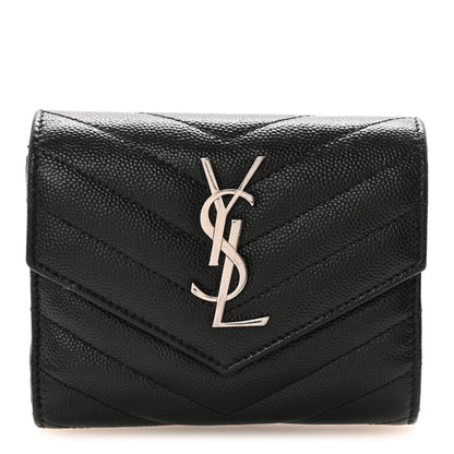 Saint Laurent Grain De Poudre Matelasse Chevron Monogram Compact Tri Fold Wallet Black 1 of 6
