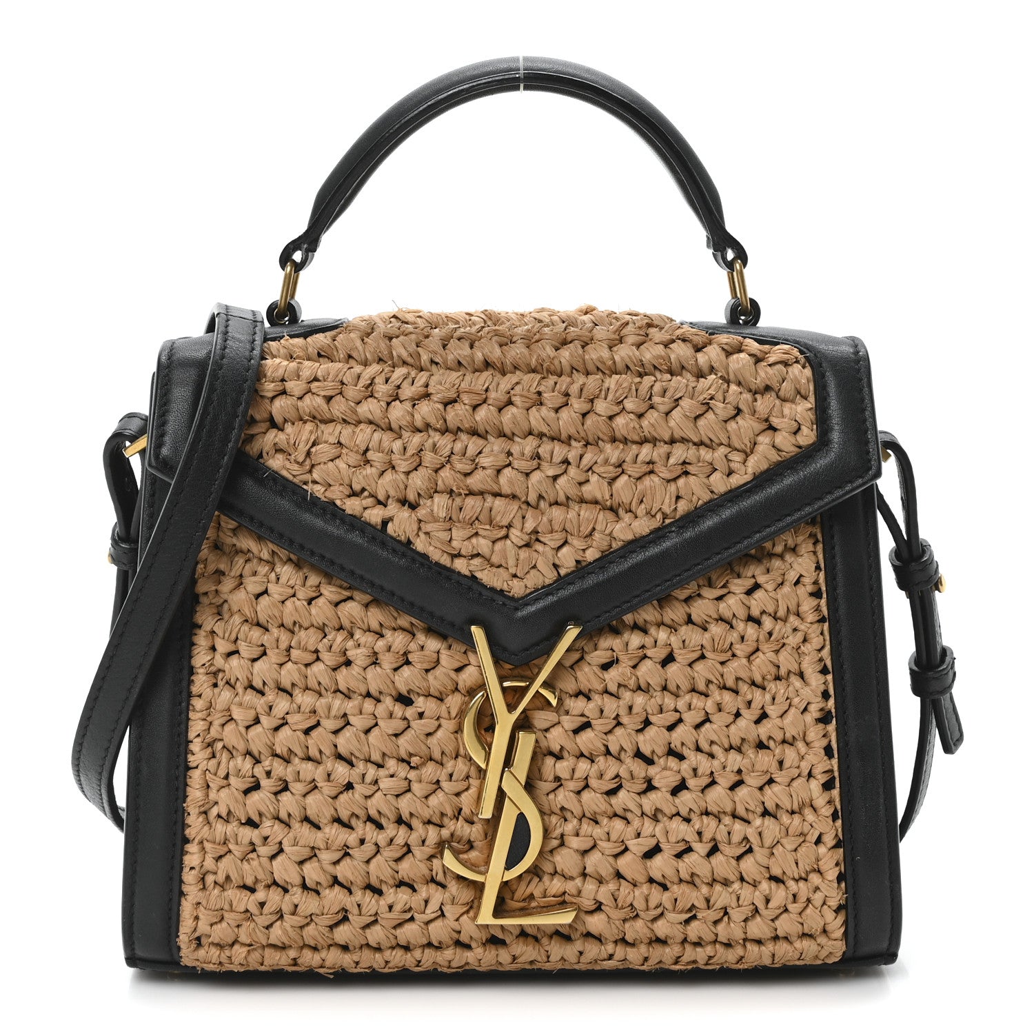 Saint Laurent Raffia Calfskin Mini Classic Monogram Cassandra Top Handle Black Natural 1 of 10