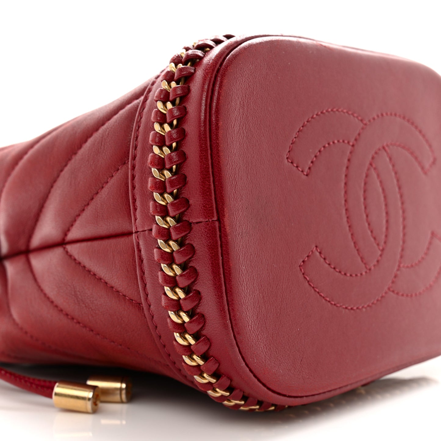 Sheepskin Chevron Quilted Small Drawstring Bag Dark Red
