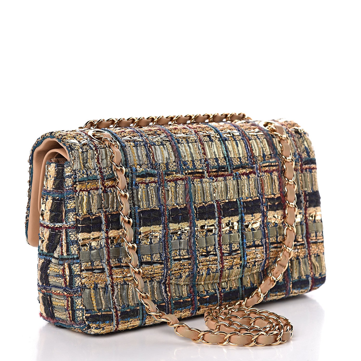 Chanel Tweed Quilted Medium Double Flap Gold Blue Light Green Black 3 of 15