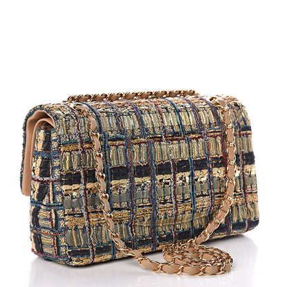 Chanel Tweed Quilted Medium Double Flap Gold Blue Light Green Black 3 of 15