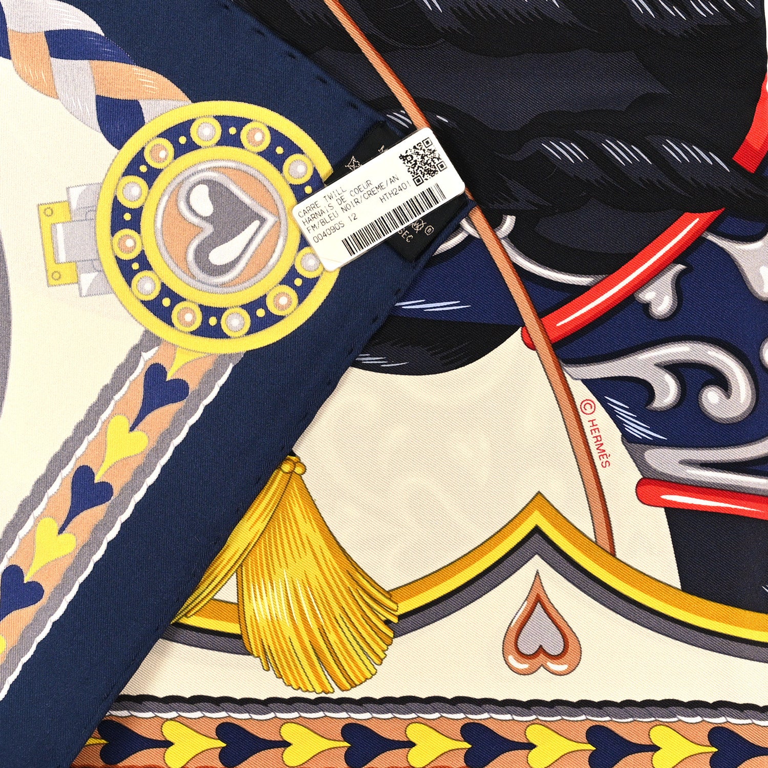 Hermes Silk Harnais De Coeur Scarf 90 Bleu Black Creme Anthracite 3 of 3