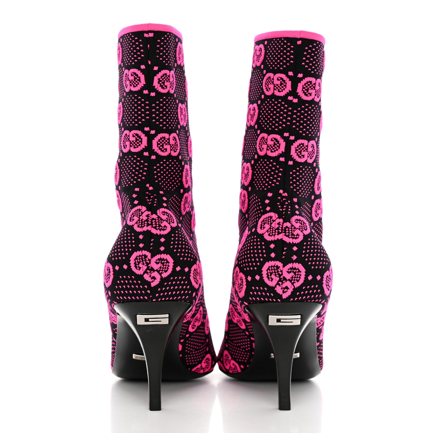 Technical Jersey Knit GG Monogram Square G 75mm Ankle Boots 38 Black Neon Fucsia