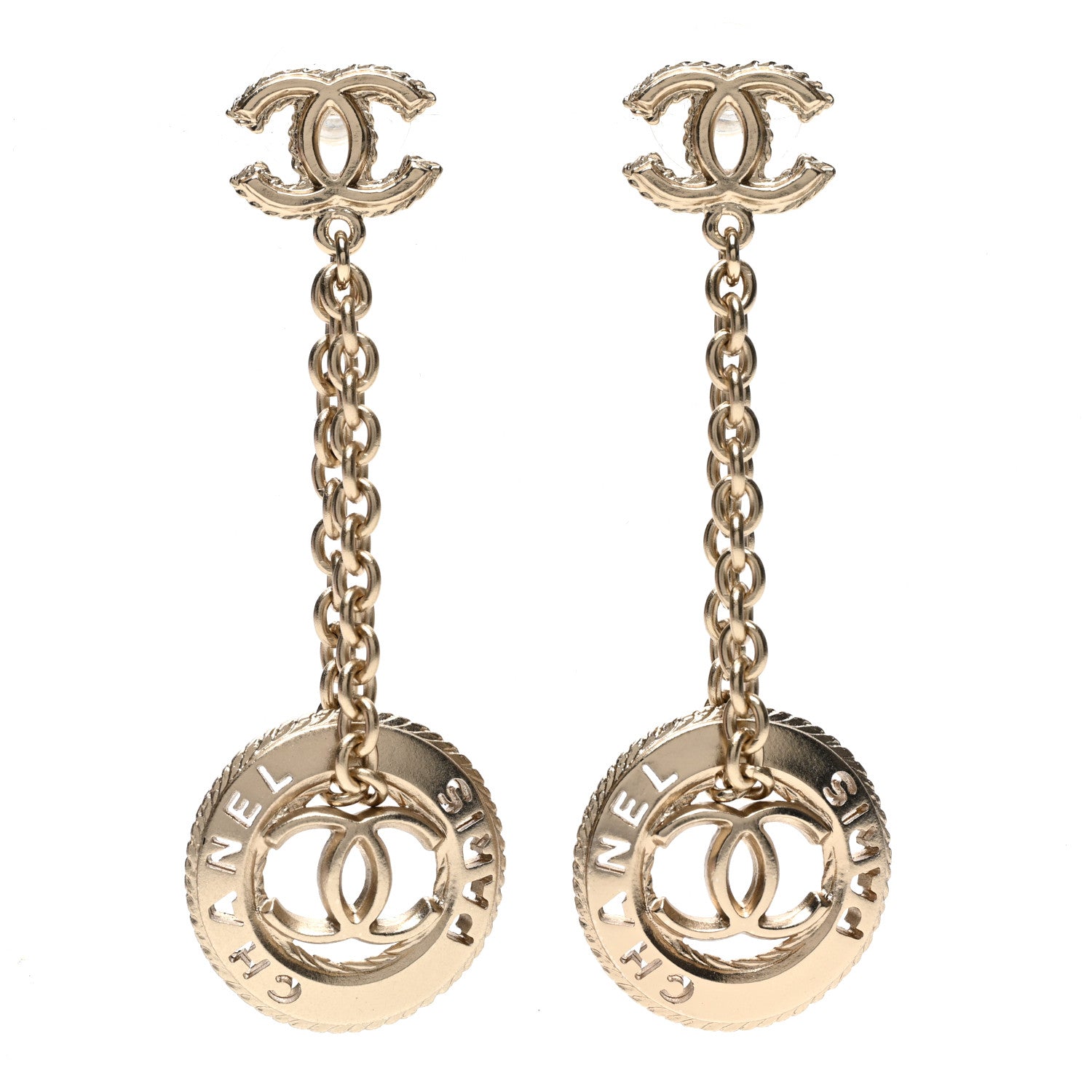 Chanel Medallion CC Drop Earrings Light Gold 1 of 4