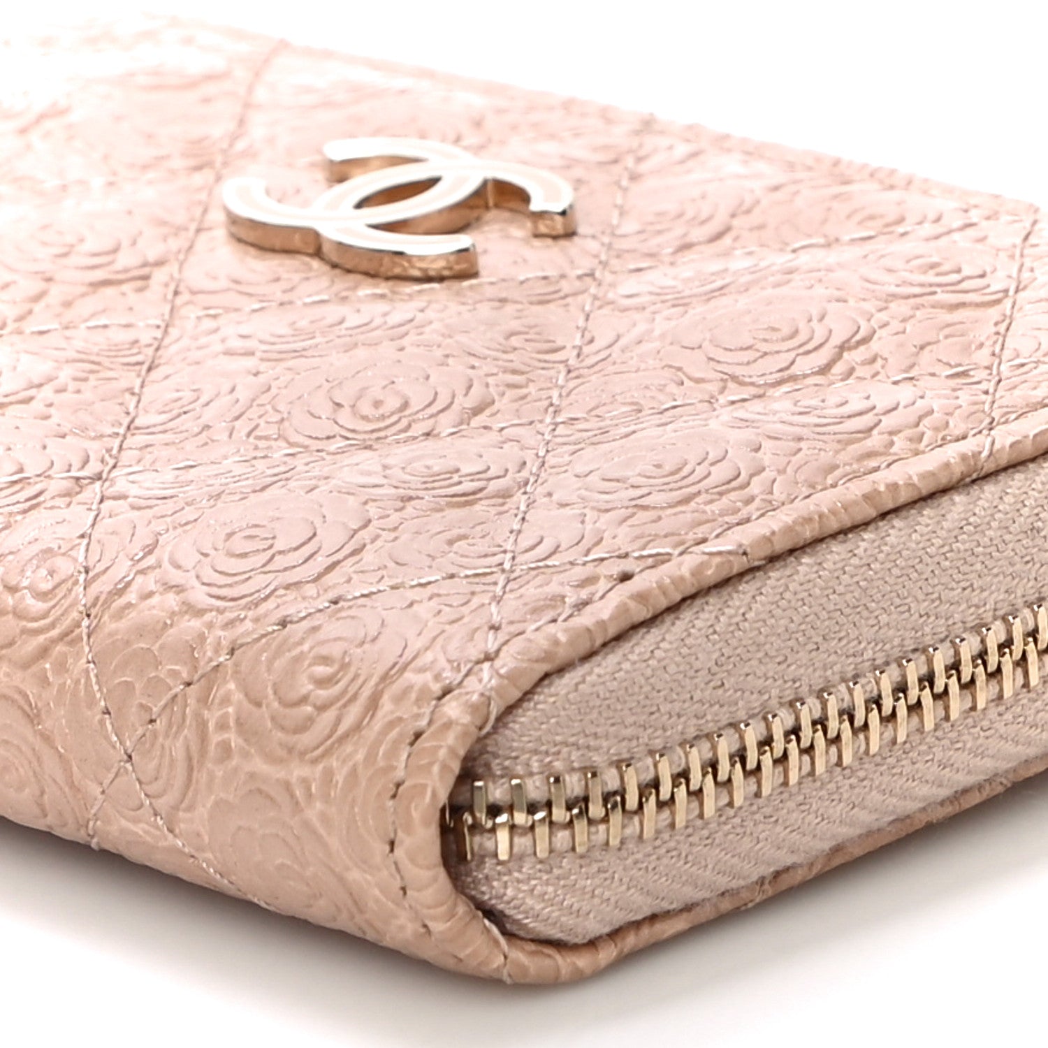Chanel Calfskin Camellia Embossed Zip Coin Purse Beige 10 of 10