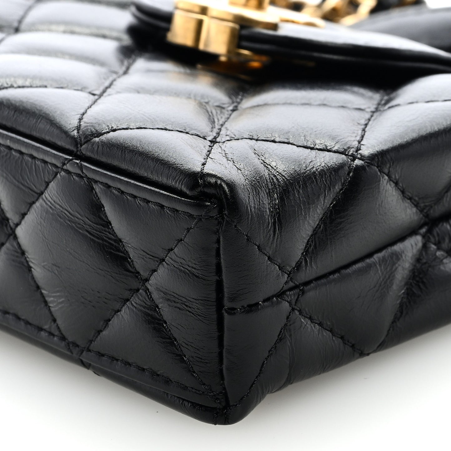 Shiny Aged Calfskin Quilted Mini Nano Kelly Shopper Black