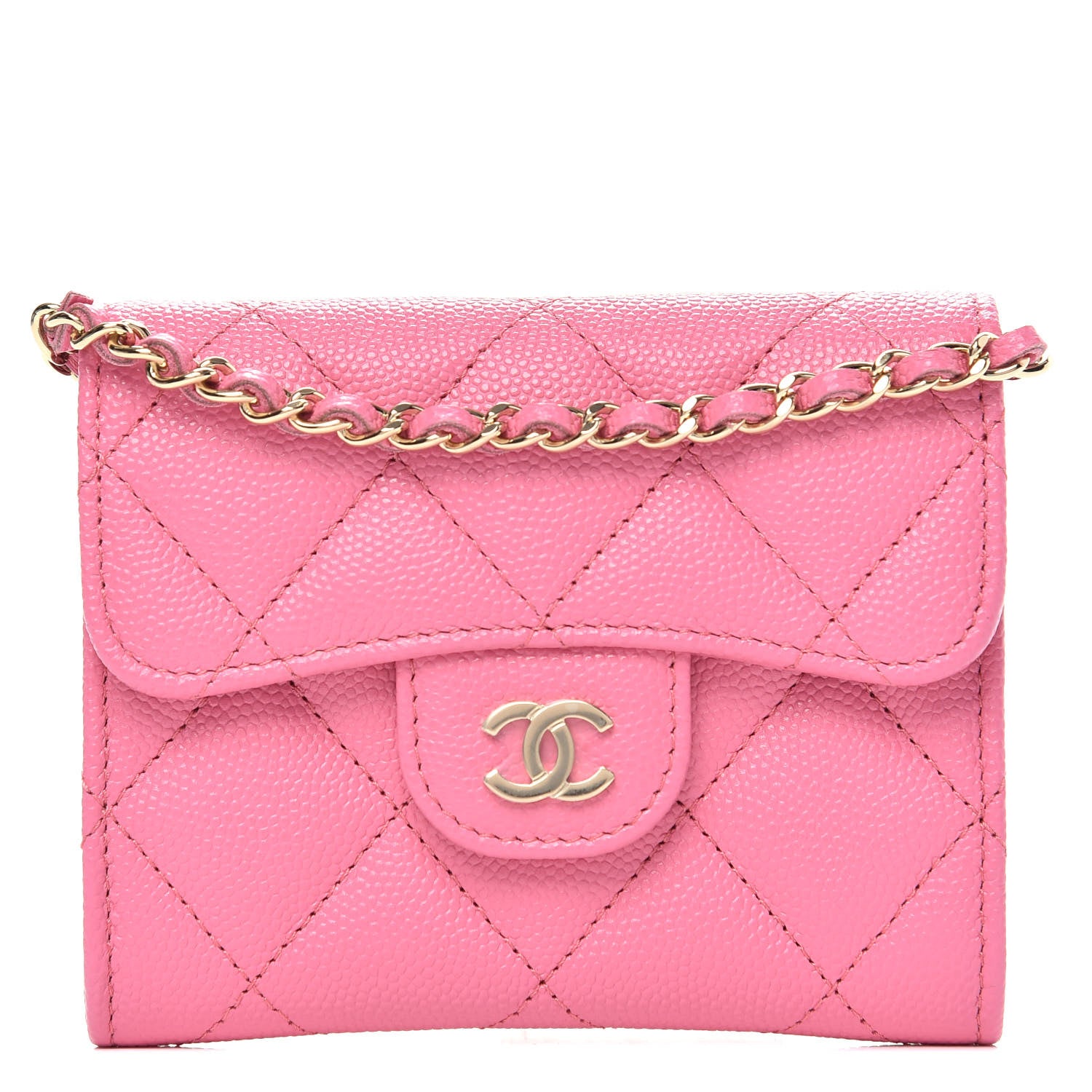 Chanel Caviar Quilted Flap Card Holder On Chain Pink 1 of 10