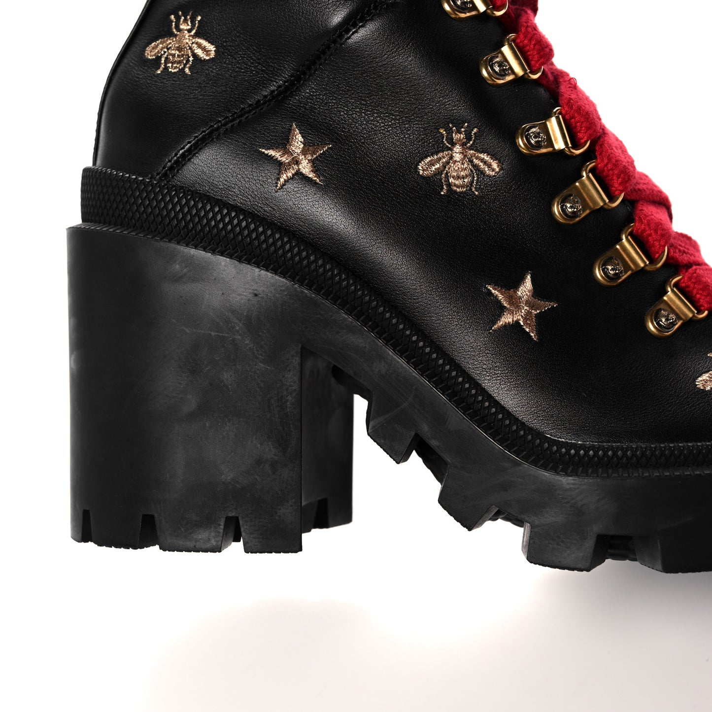 Calfskin Embroidered Lace Up Combat Ankle Boots 37 Black