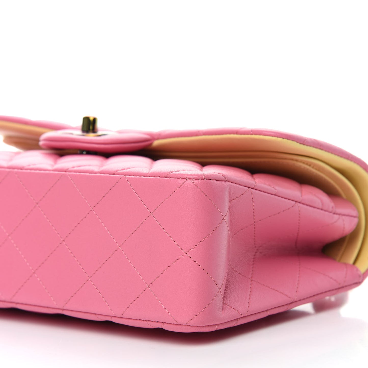 Lambskin Quilted Small Double Flap Pink Yellow