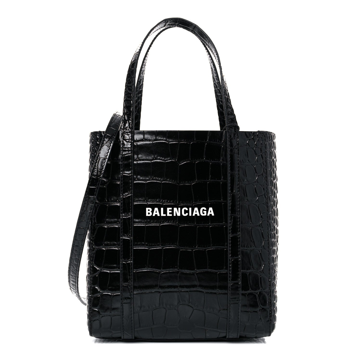Balenciaga Shiny Calfskin Logo Crocodile Embossed XXS Everyday Tote Black 1 of 8