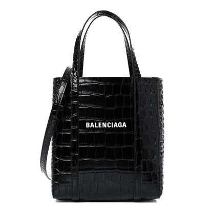Balenciaga Shiny Calfskin Logo Crocodile Embossed XXS Everyday Tote Black 1 of 8