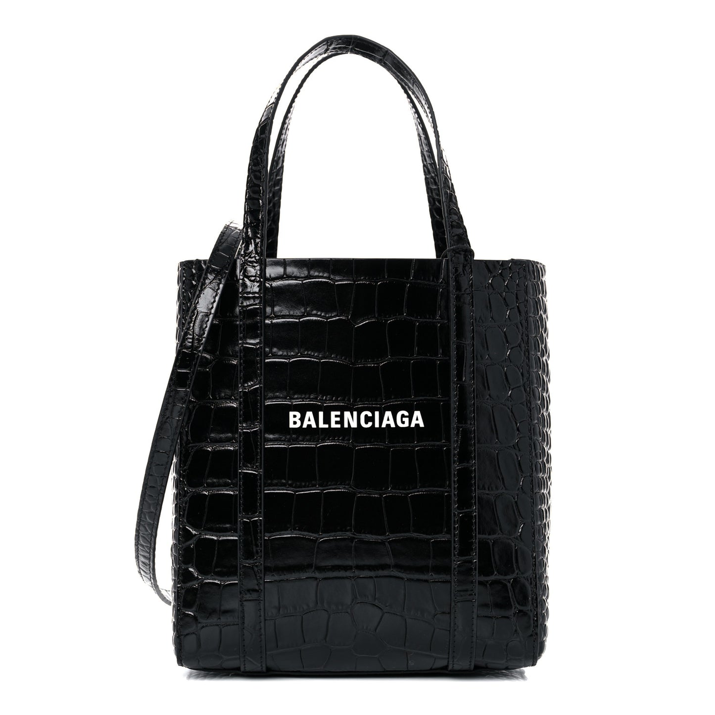 Shiny Calfskin Logo Crocodile Embossed XXS Everyday Tote Black