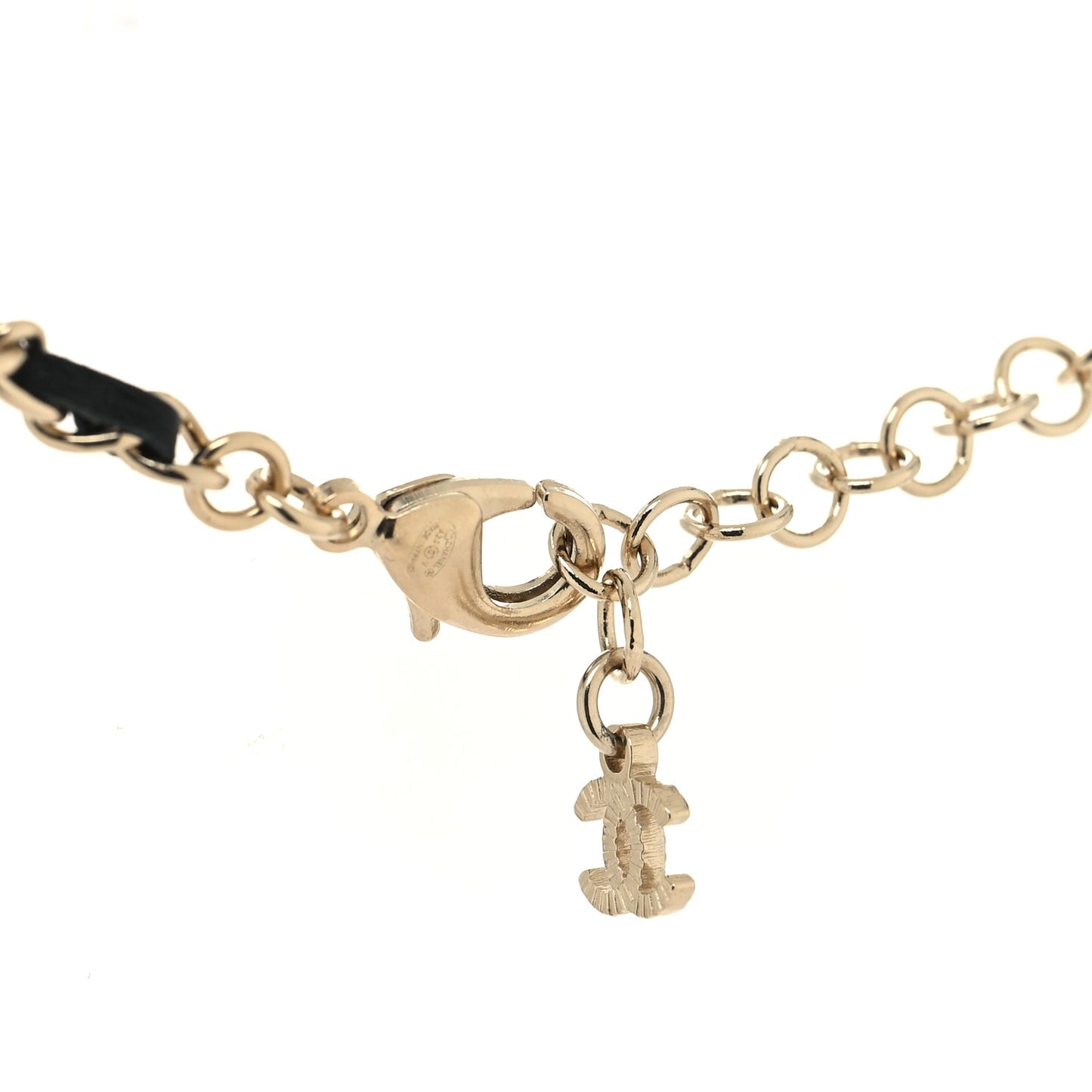 Metal Calfskin Crystal Double CC Short Necklace Black Gold