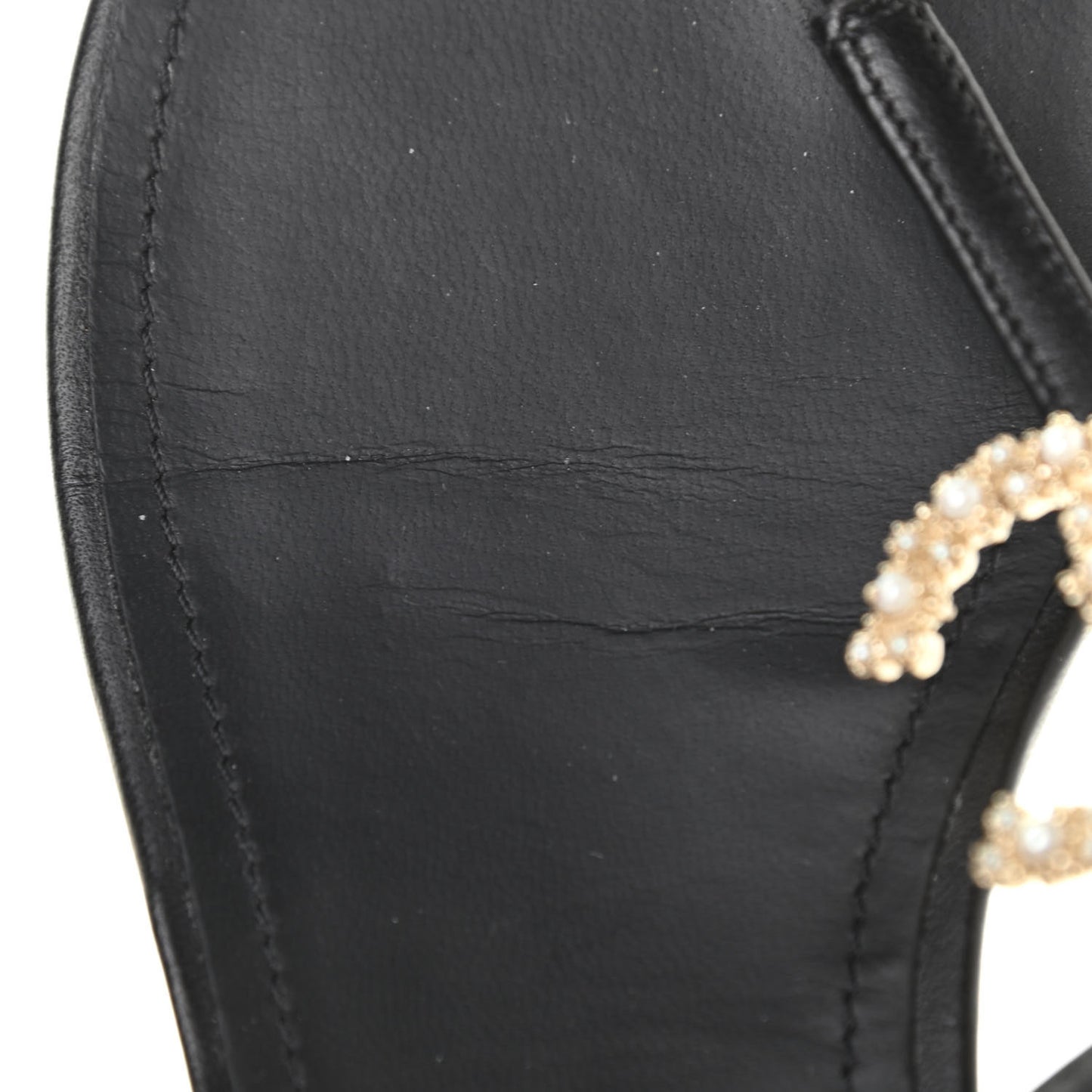 Calfskin Pearl Crystal CC Charm Thong Sandals 38.5 Black