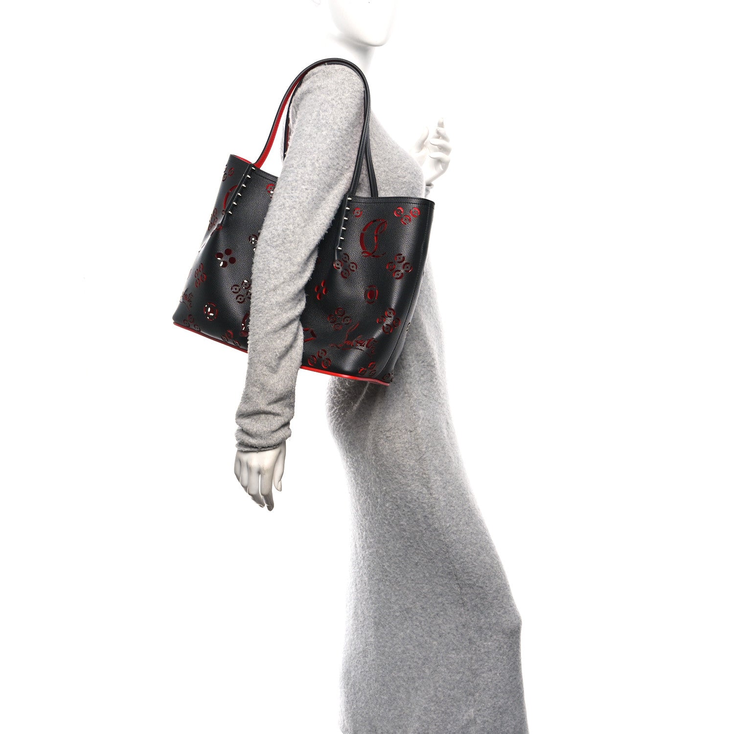 Christian Louboutin Calfskin Loubinthesky Large Perforated Cabarock Spikes Tote Black 2 of 9