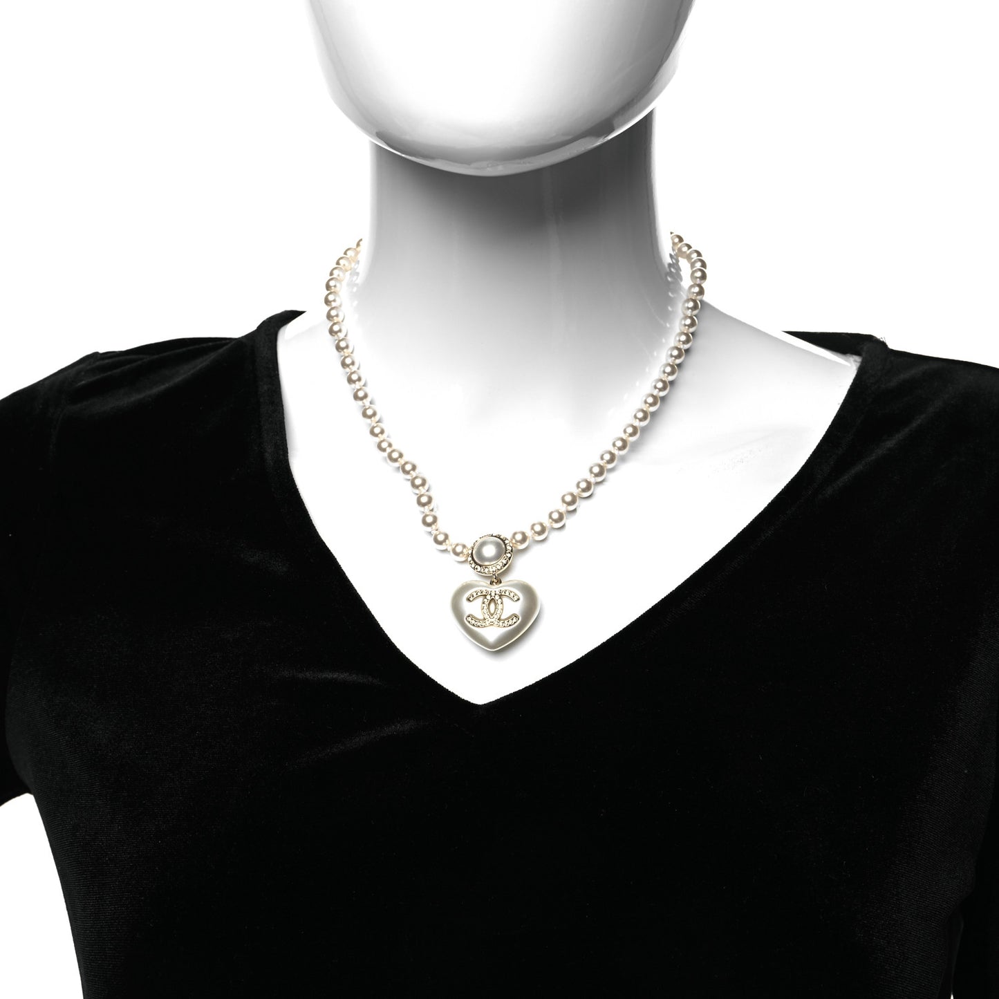 Pearl Crystal CC Heart Short Necklace Pearly White Gold