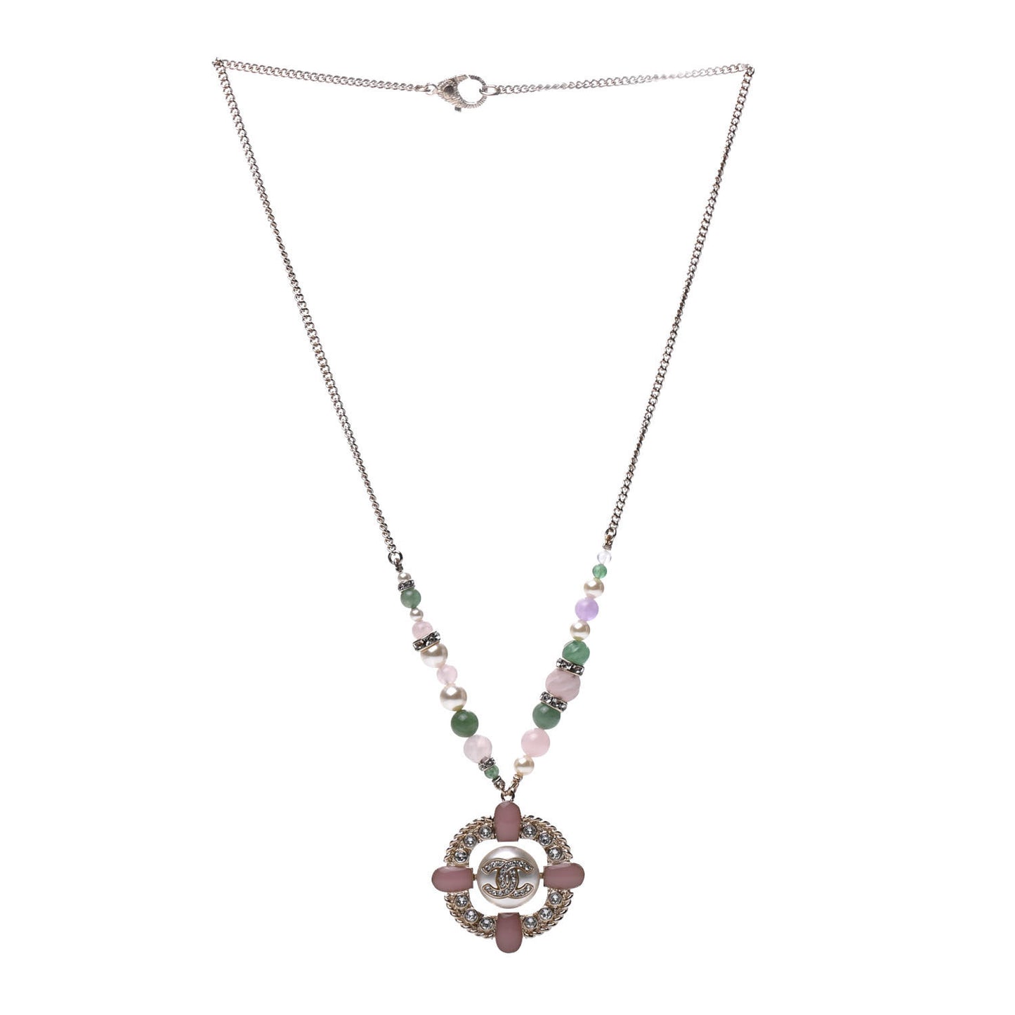 Crystal Pearl Gripoix Poured Glass Necklace Gold Green White Pink