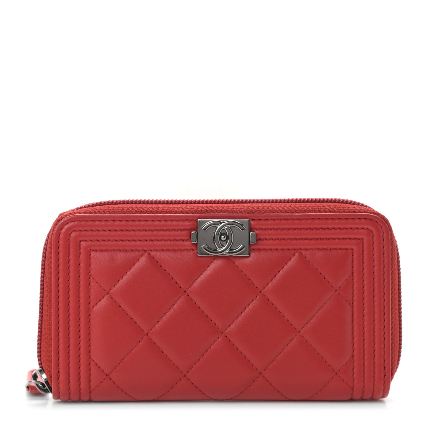 Lambskin Quilted Boy Zip Around Coin Purse Wallet Red