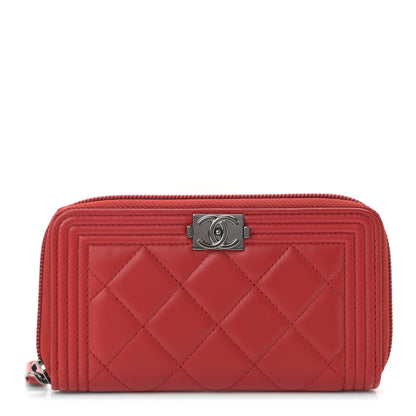 Chanel Lambskin Quilted Boy Zip Around Coin Purse Wallet Red 1 of 9
