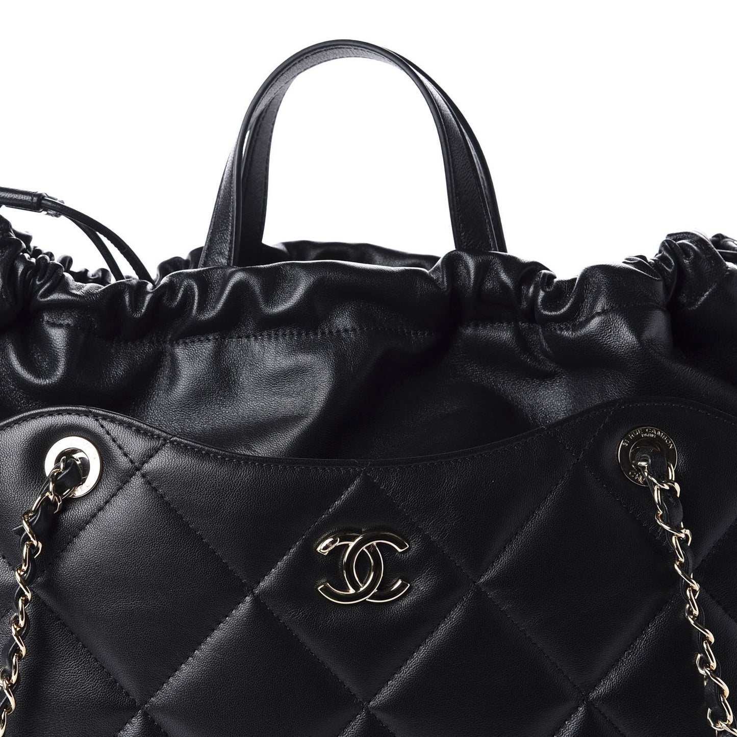 Lambskin Quilted Drawstring Shopping Bag Black