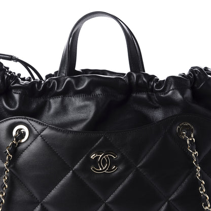 Chanel Lambskin Quilted Drawstring Shopping Bag Black 11 of 11