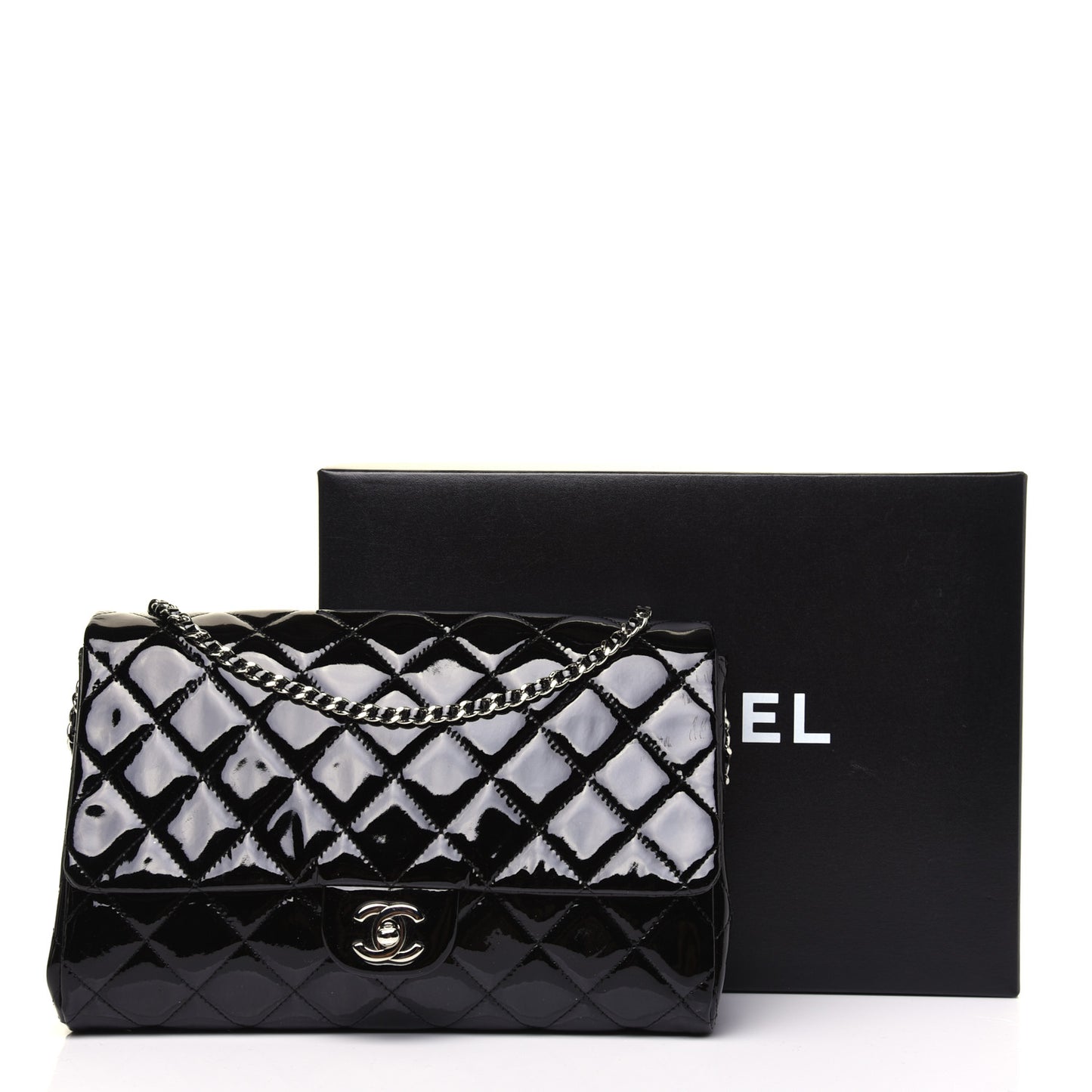 Patent Quilted Clutch with Chain Flap Black