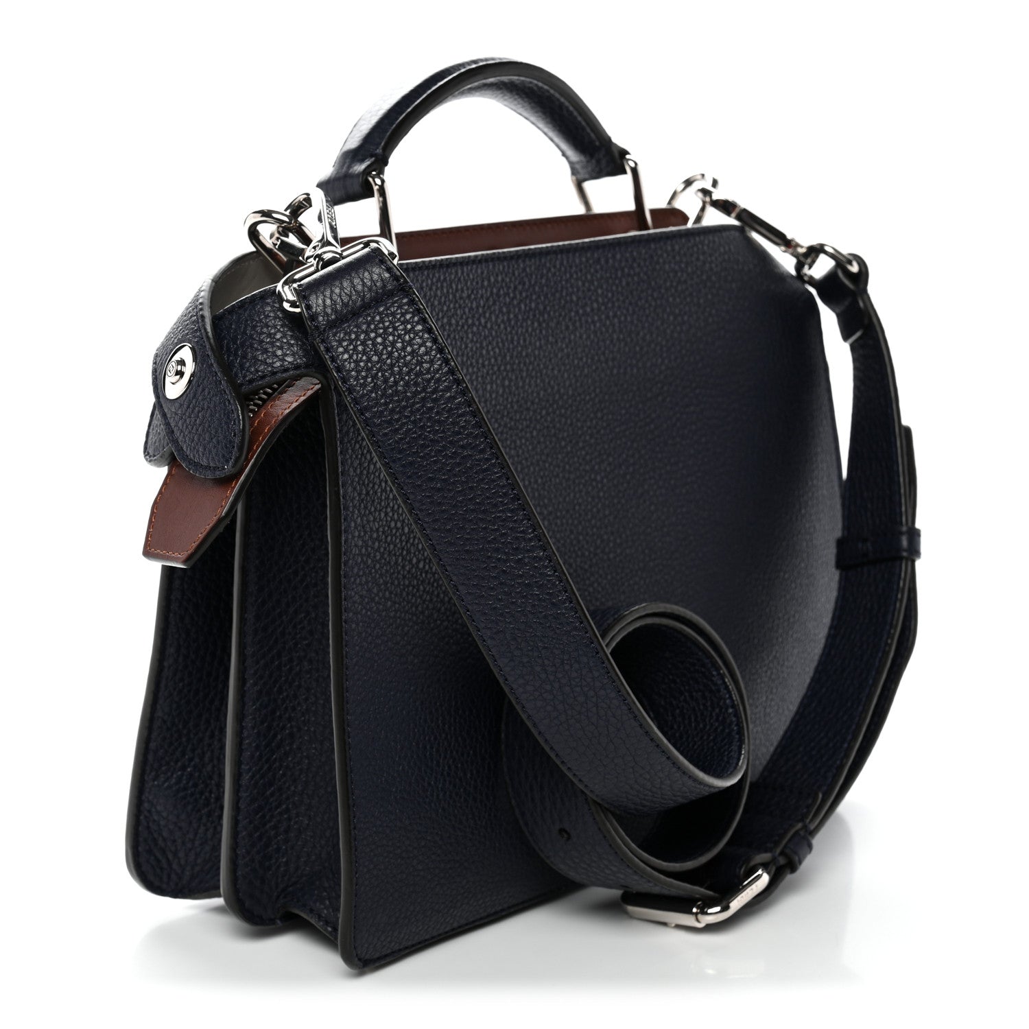 Fendi Cuoio Romano Vitello Cover Glazed Fabric Bi-Color FF 1974 Mini Peekaboo I SEE U Satchel Blue Dark Brown Tobacco Moro 3 of 10