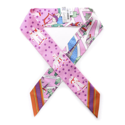Hermes Silk Les Nouveaux Amoureux de Paris Twilly Rose Buvard White Vert 1 of 4