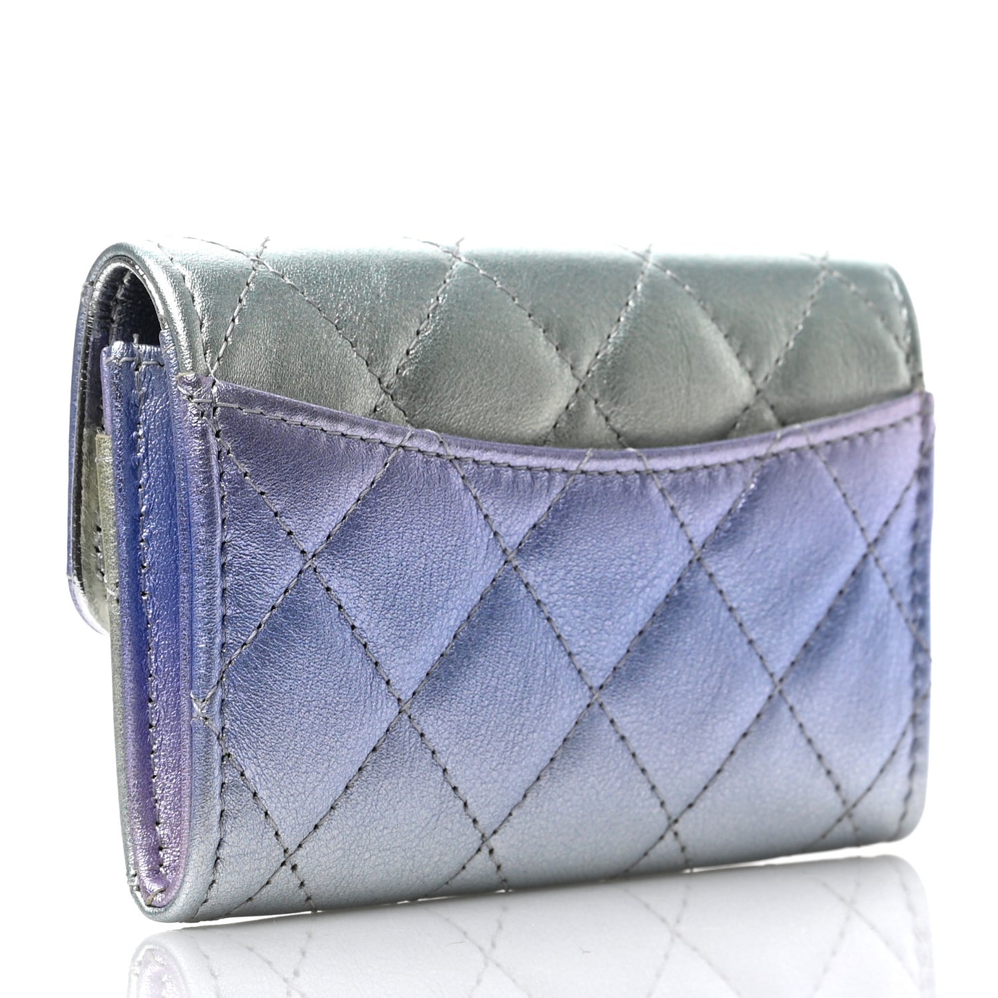 Gradient Metallic Calfskin Quilted Flap Card Holder Wallet Silver Blue Yellow Purple