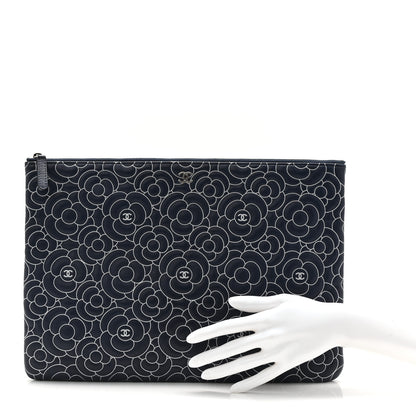 Chanel Lambskin Camellia Embossed Large Cosmetic Case Navy Silver 2 of 7