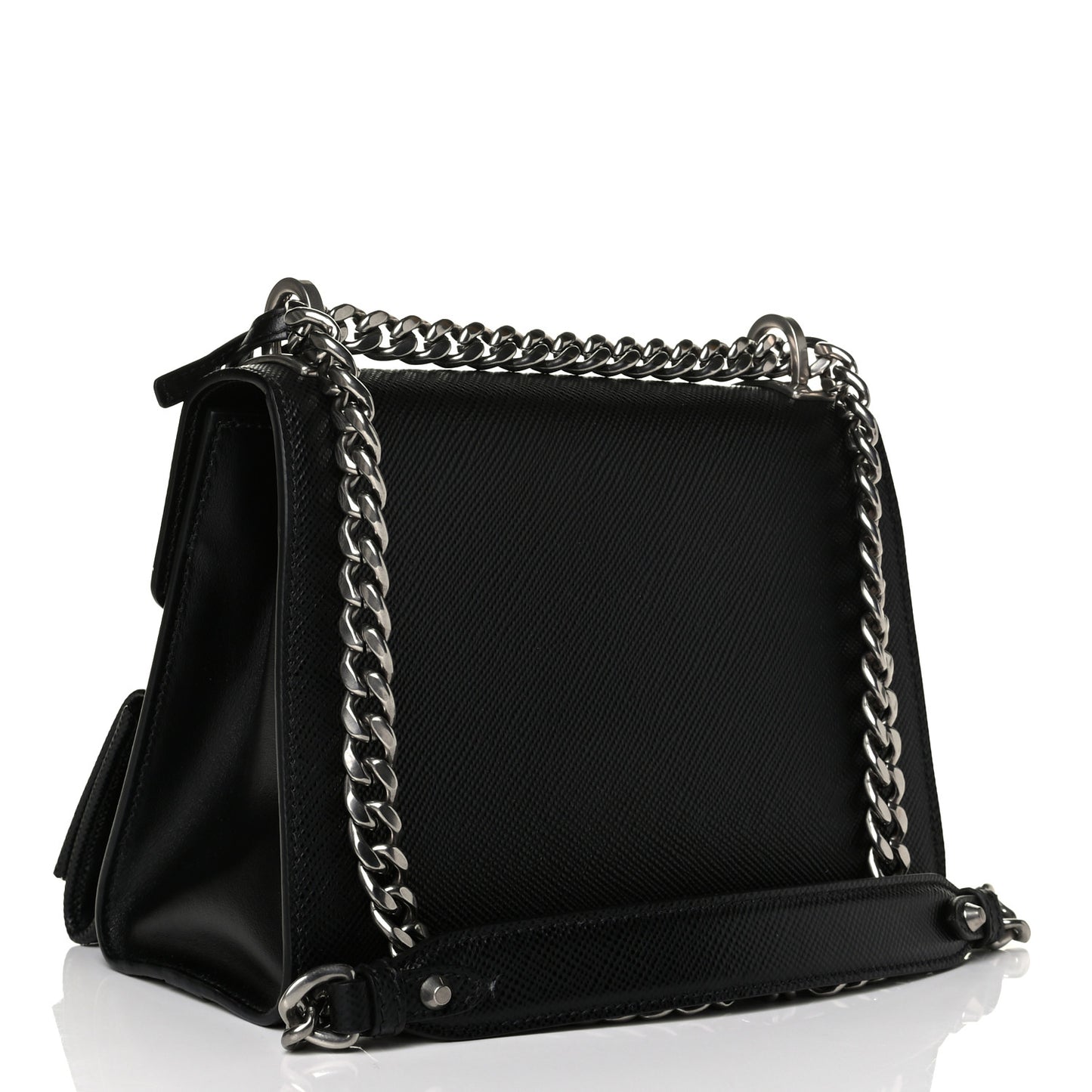 Saffiano Cuir Calfskin Monochrome Robot Patches Envelope Flap Chain Shoulder Bag Black