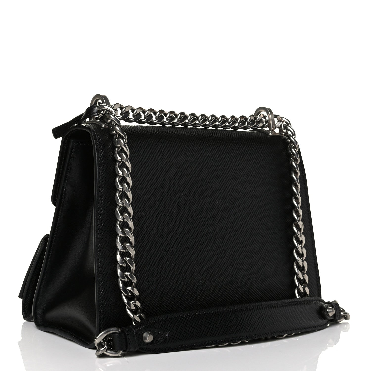 Prada Saffiano Cuir Calfskin Monochrome Robot Patches Envelope Flap Chain Shoulder Bag Black 3 of 4