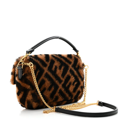 Fendi Shearling Vitello Dolce Macro FF 1974 Mini Baguette Tobacco Black 3 of 12