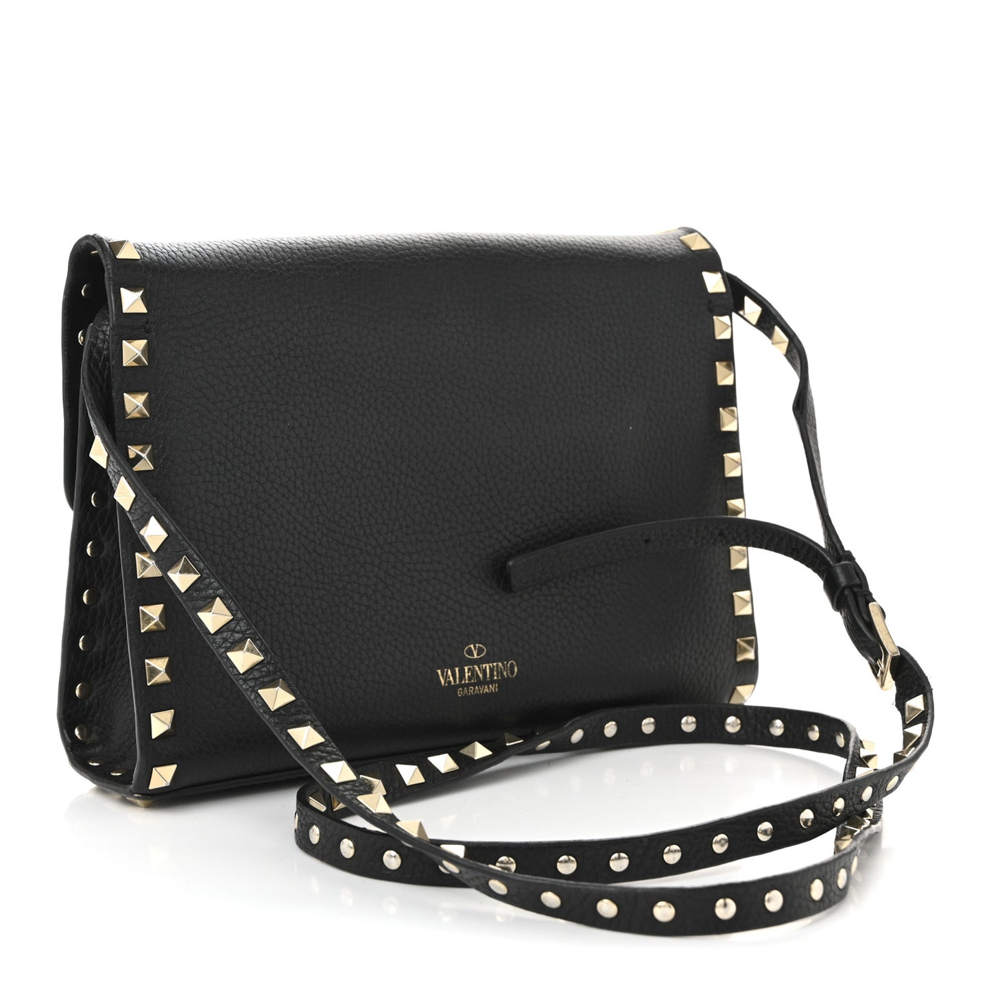Pebbled Calfskin Medium Rockstud Flip Lock Crossbody Bag Black