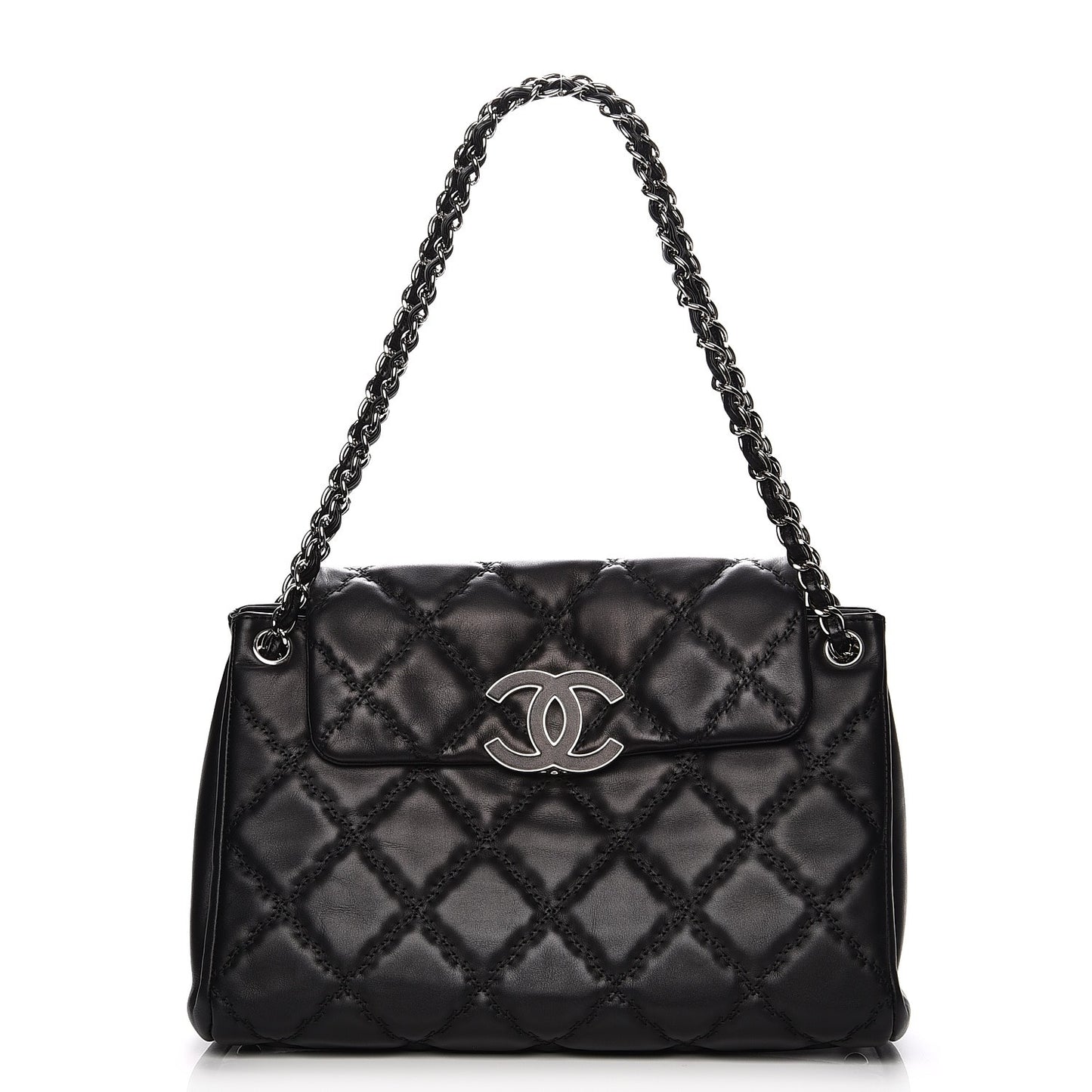 Calfskin Double Stitch Large Hamptons Flap Bag Black