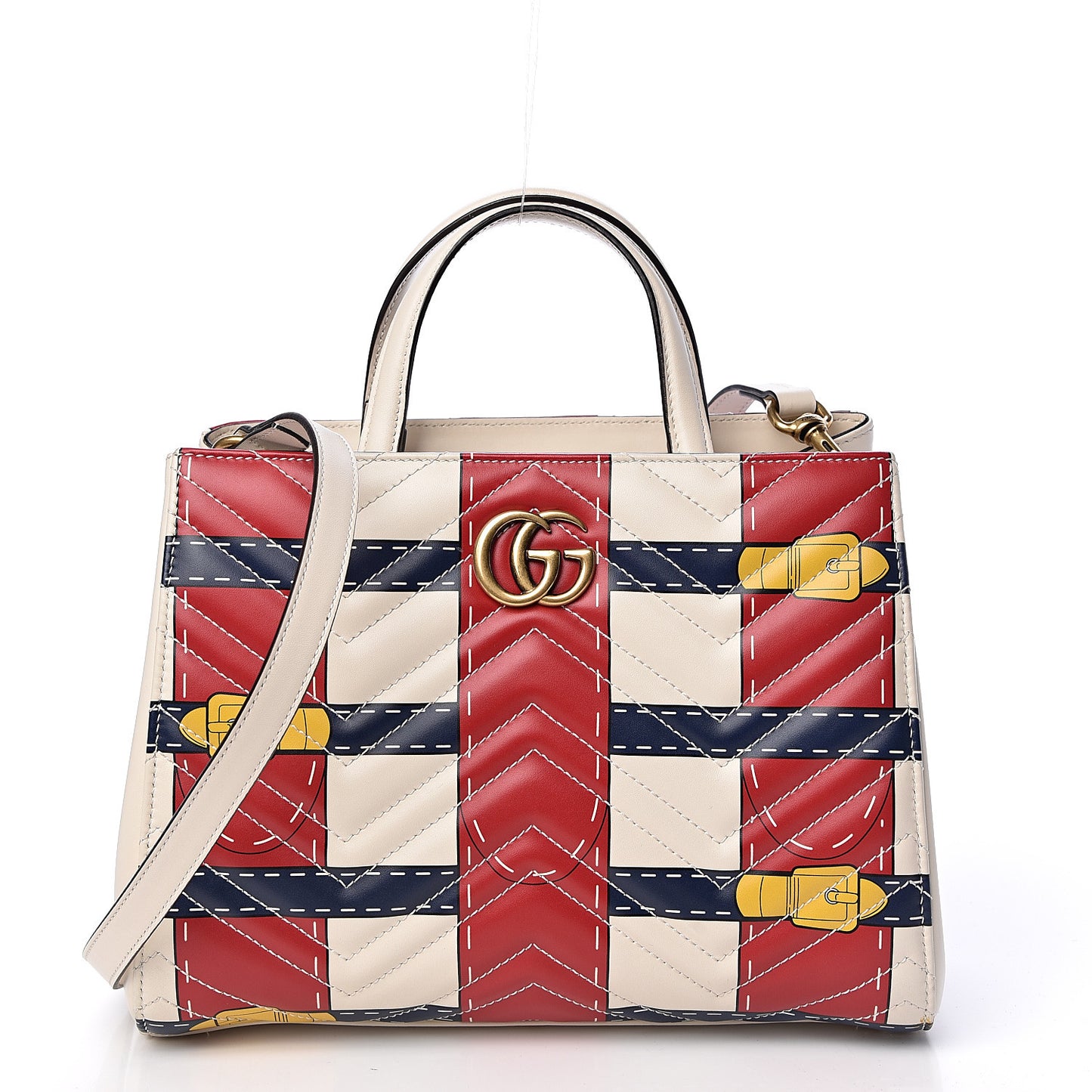 Calfskin Matelasse Trompe L'Oeil Print Small GG Marmont Tote Off White