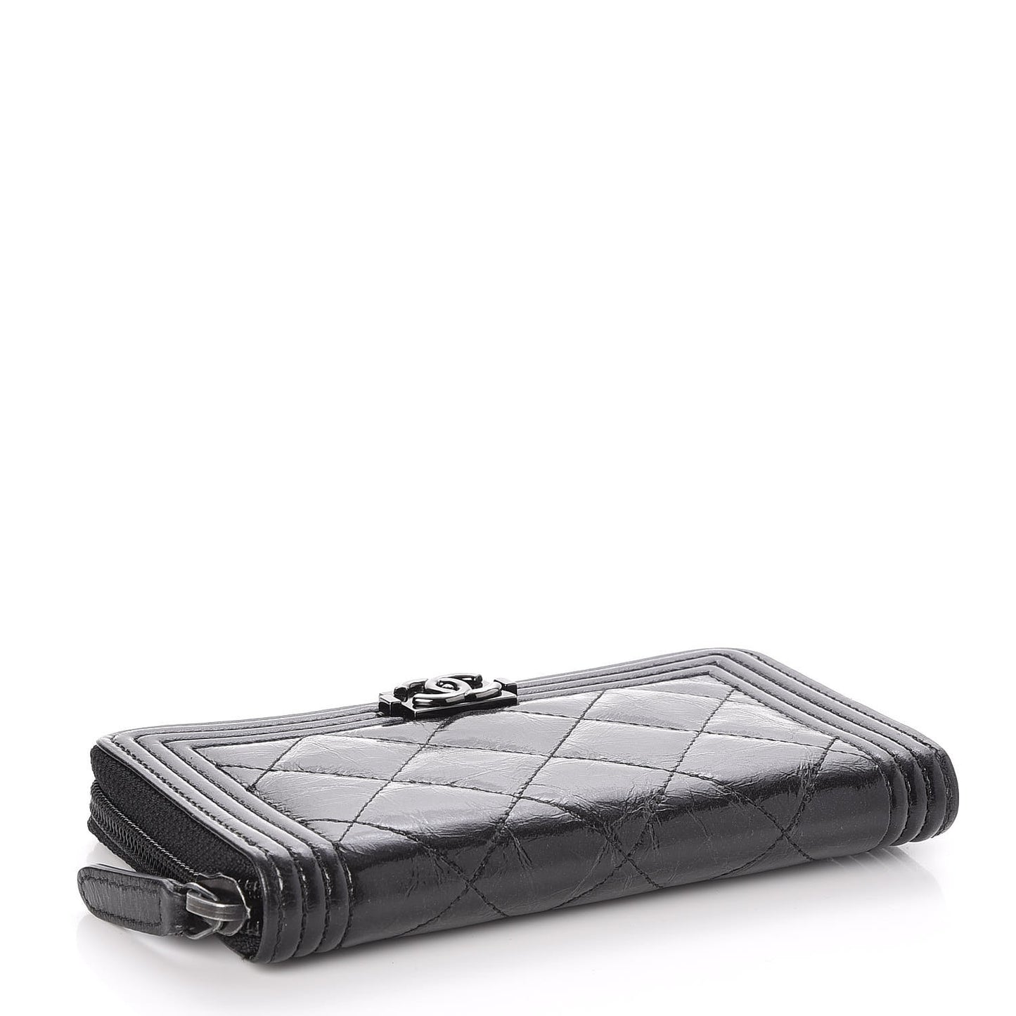 Distressed Patent Quilted Small Boy Zip Around Wallet Black