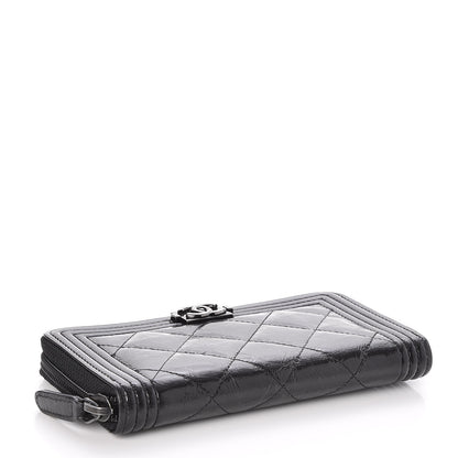 Chanel Distressed Patent Quilted Small Boy Zip Around Wallet Black 4 of 8