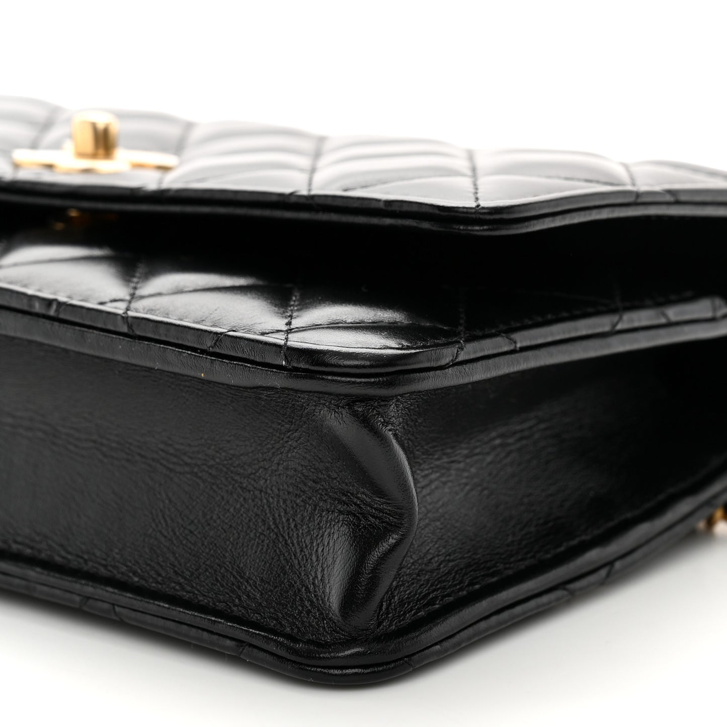 Shiny Calfskin Quilted Metal Top Handle Wallet On Chain WOC Black