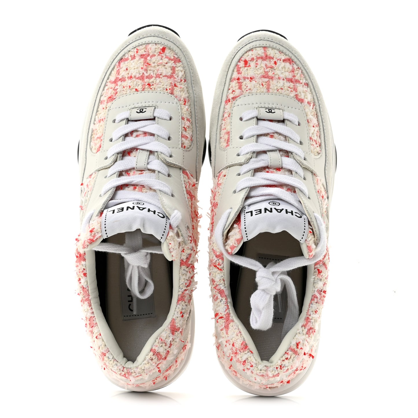 Tweed Suede Calfskin Womens CC Sneakers 40 Ecru Pink Red White