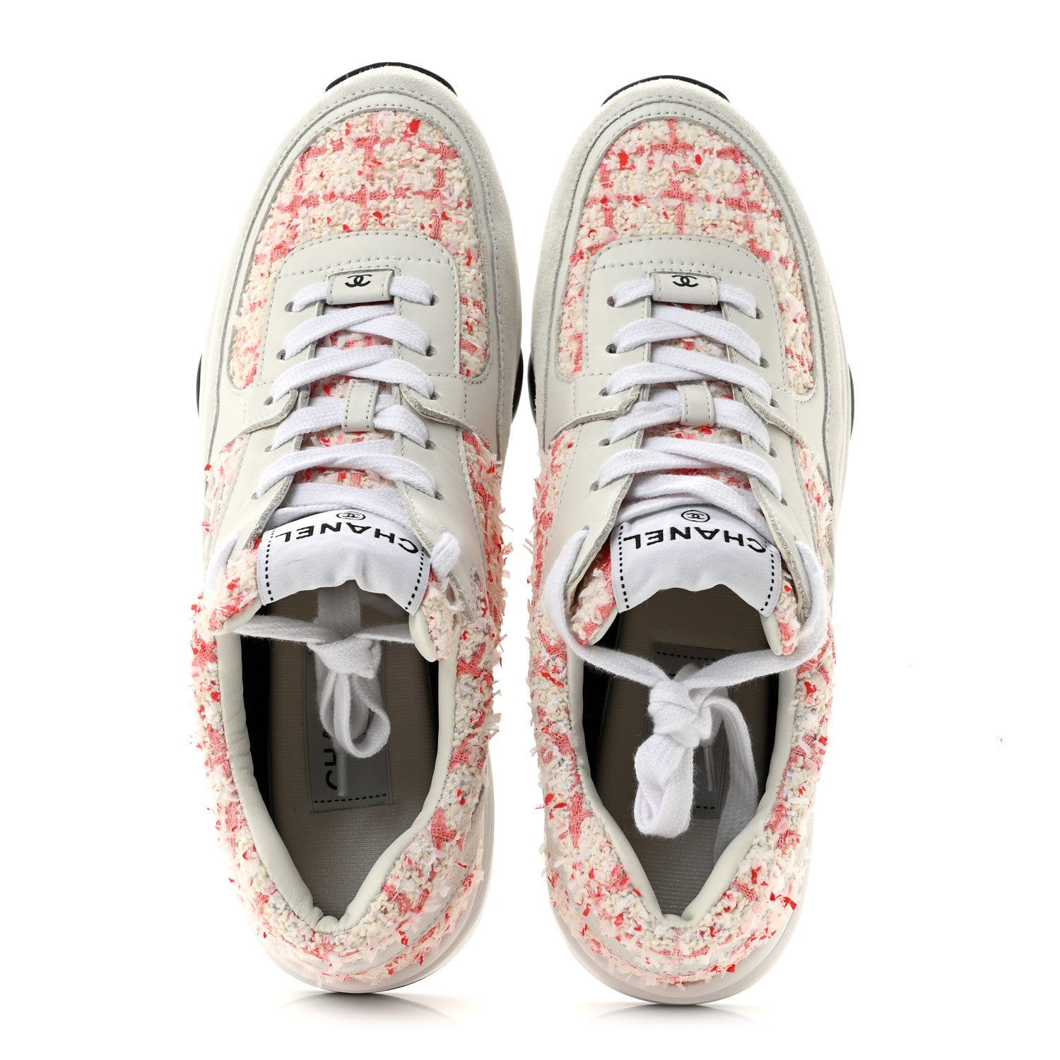 Chanel Tweed Suede Calfskin Womens CC Sneakers 40 Ecru Pink Red White 2 of 9