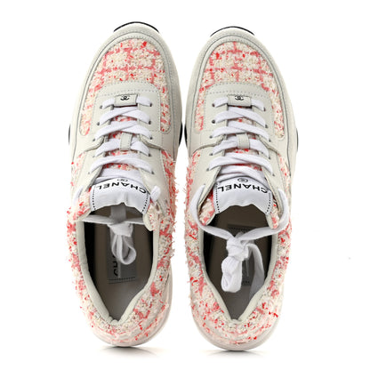 Chanel Tweed Suede Calfskin Womens CC Sneakers 40 Ecru Pink Red White 2 of 9